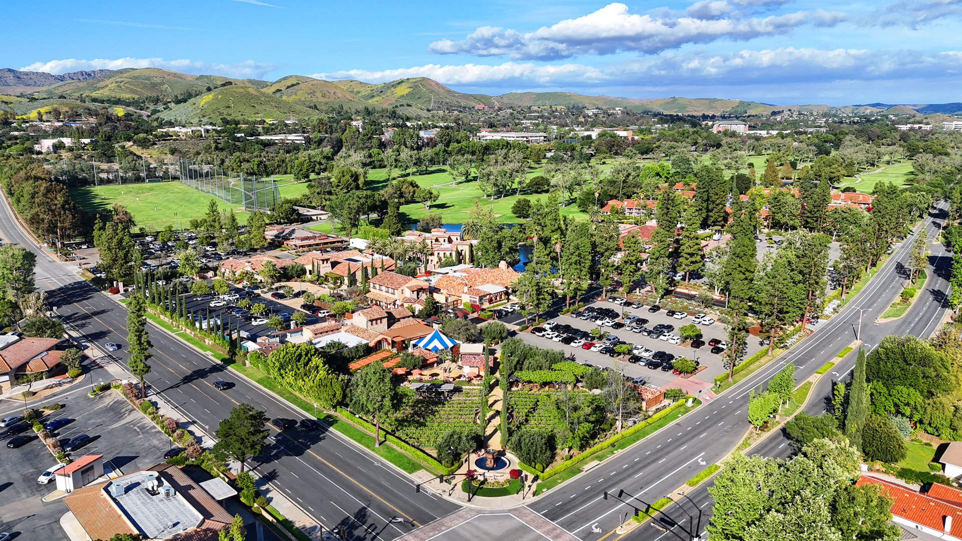 Aerial view of Westlake Village CA homes for sale with Westlake Lake