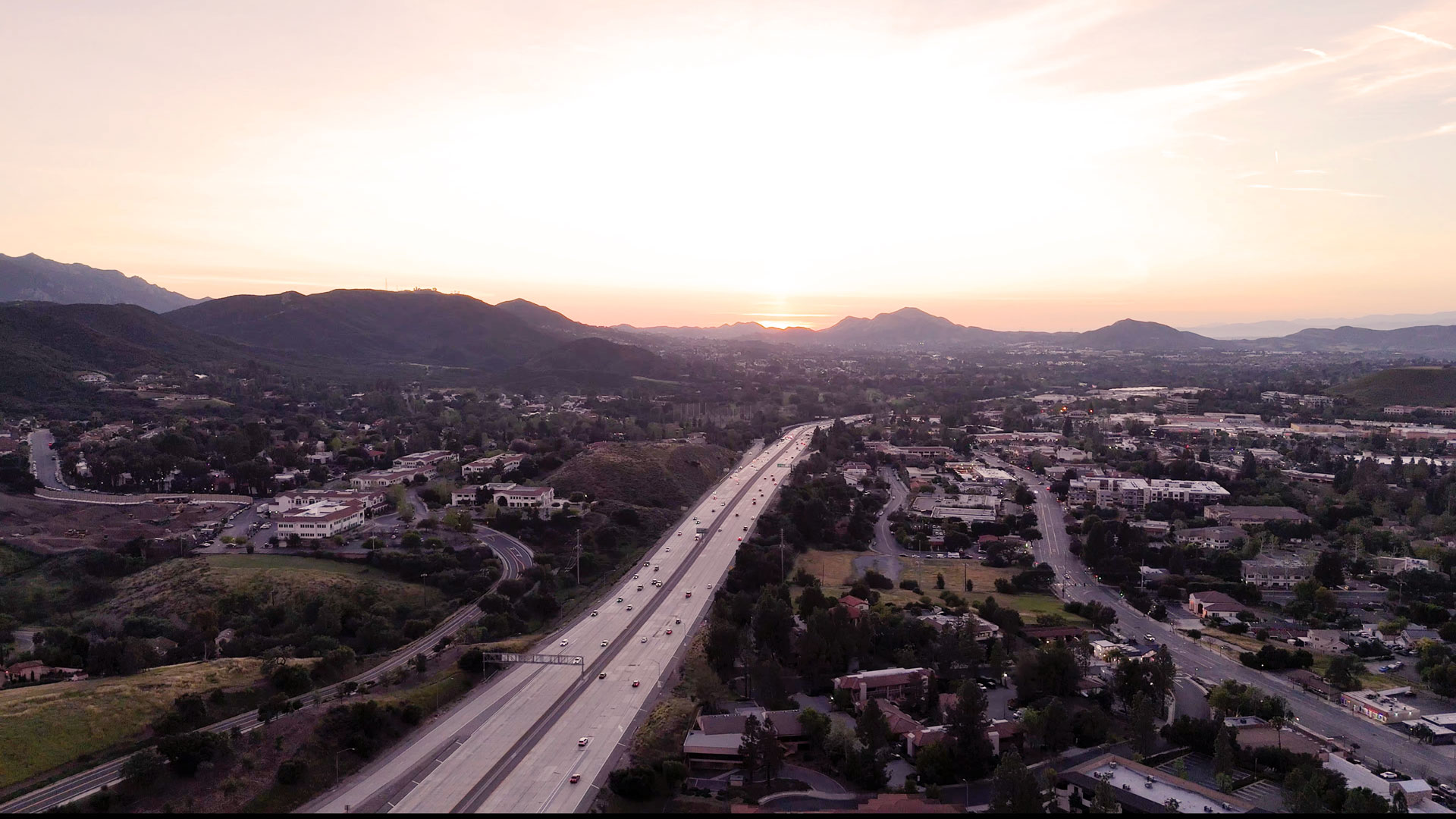 Aerial view of Thousand Oaks CA homes for sale with Conejo Valley hills